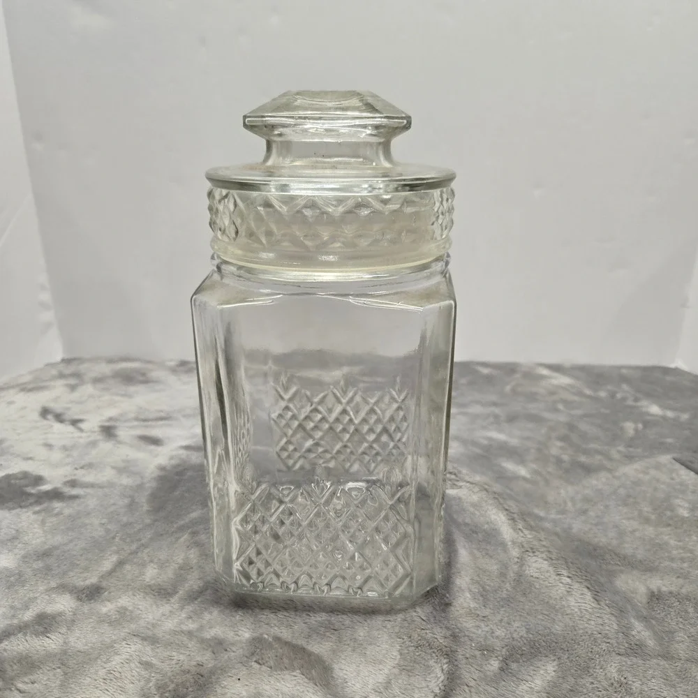 Vintage Koeze's Glass Apothecary Jar Clear Diamond Pattern Canister with Lid 8in